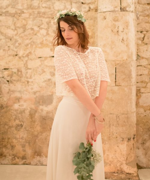 Location robe de mariée La Rochelle ensemble Amandine face cave